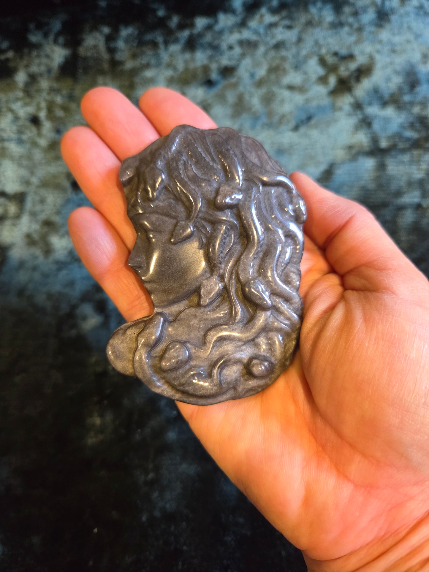 🐍🌑✨ Silver Sheen Obsidian Medusa – Shadow & Light Protection ✨🌑🐍