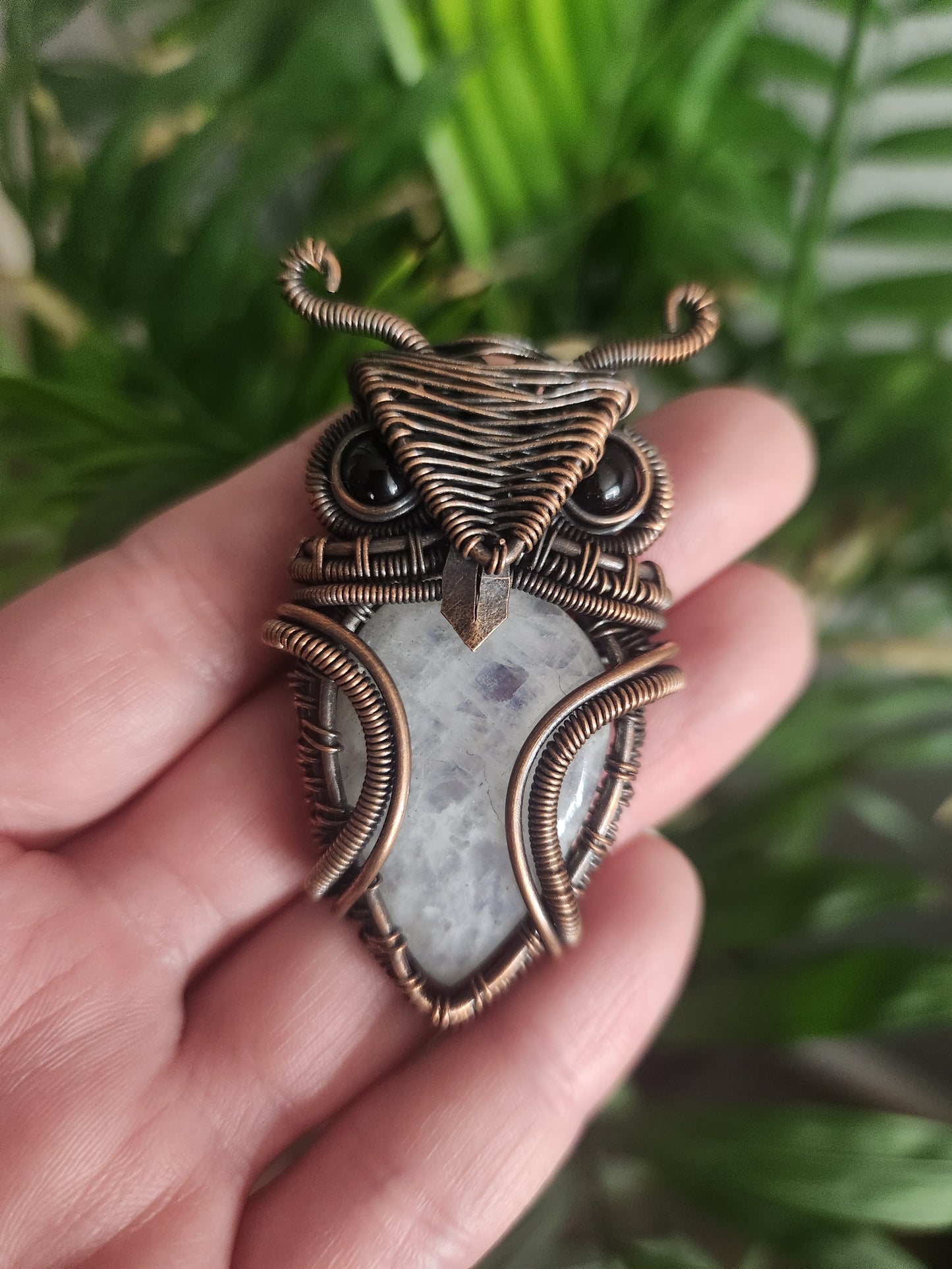 Moonstone Copper Wrapped Owl Pendant