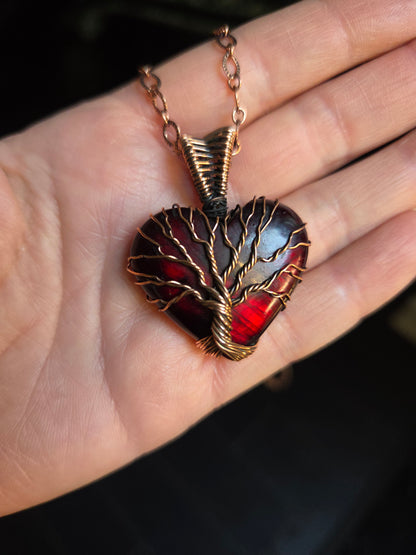 ❤️ Red Flash Labradorite Heart – Tree of Life Pendant ❤️